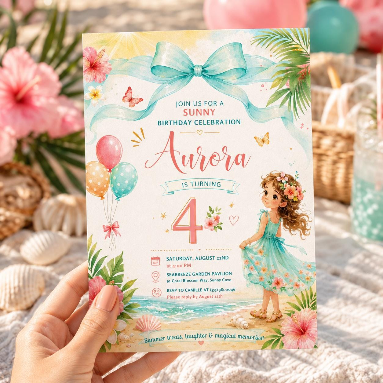 Editable Summer Birthday Invitation Canva Template, Girls Kids Cute Modern Fun DIY Sweet Chic Teen Party Invite, Printable Digital Download.