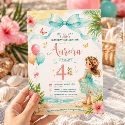 Editable Summer Birthday Invitation Canva Template, Girls Kids Cute Modern Fun DIY Sweet Chic Teen Party Invite, Printable Digital Download.