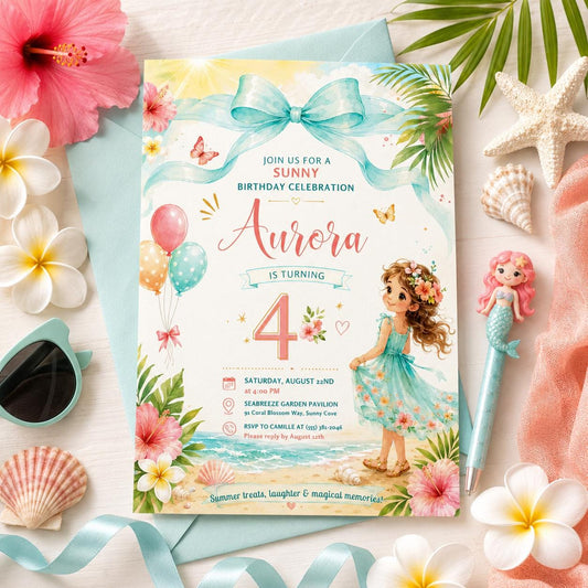Editable Summer Birthday Invitation Canva Template, Girls Kids Cute Modern Fun DIY Sweet Chic Teen Party Invite, Printable Digital Download.