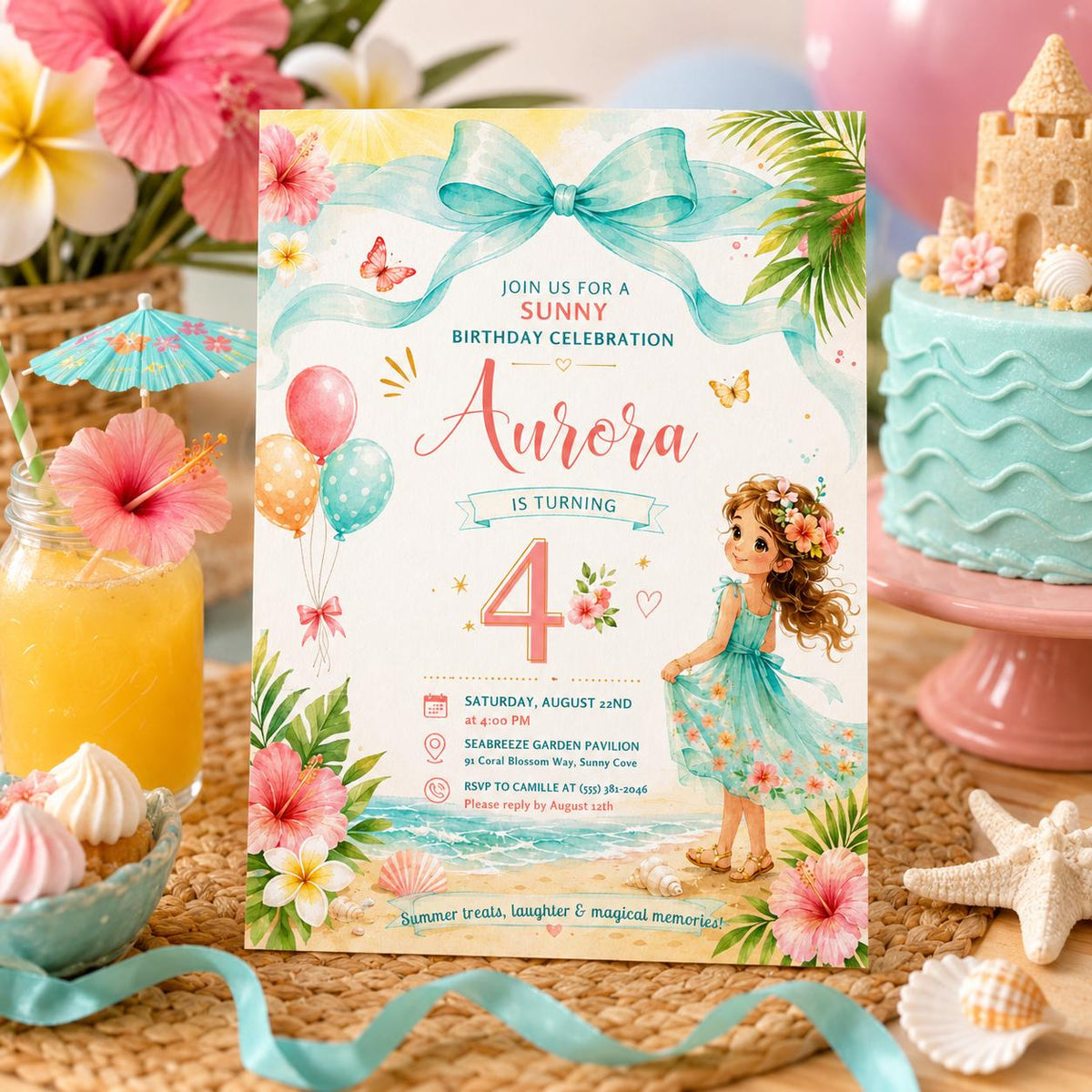 Editable Summer Birthday Invitation Canva Template, Girls Kids Cute Modern Fun DIY Sweet Chic Teen Party Invite, Printable Digital Download.