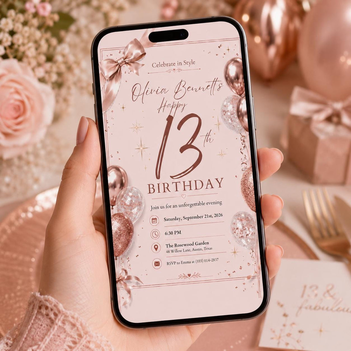 Editable 13th Birthday Invitation Canva Template, Pink Gold Luxury Floral Cute Modern Fun DIY Chic Party Invite, Printable Digital Download.