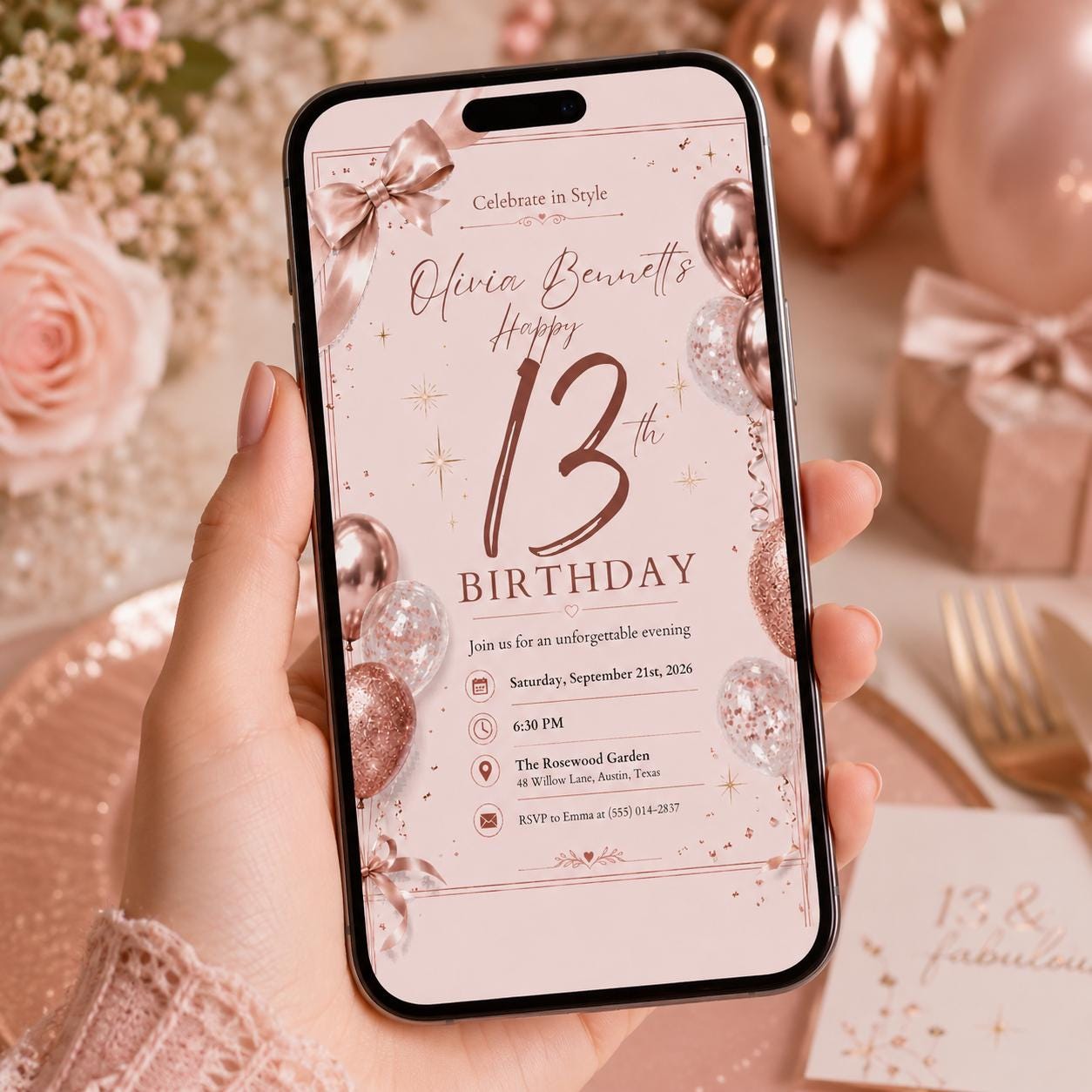 Editable 13th Birthday Invitation Canva Template, Pink Gold Luxury Floral Cute Modern Fun DIY Chic Party Invite, Printable Digital Download.