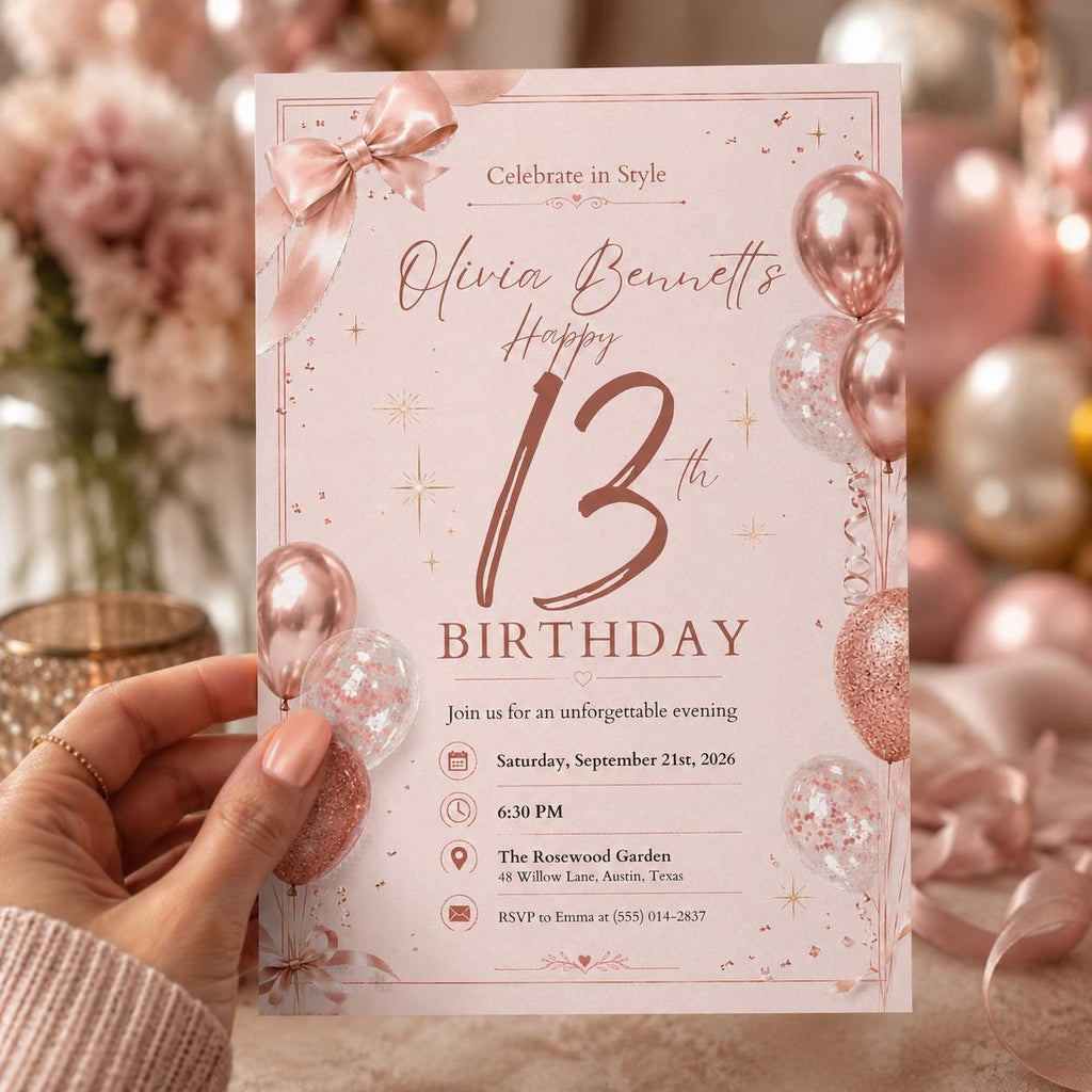 Editable 13th Birthday Invitation Canva Template, Pink Gold Luxury Floral Cute Modern Fun DIY Chic Party Invite, Printable Digital Download.