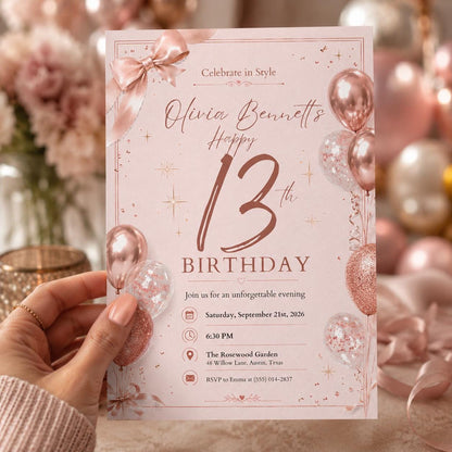 Editable 13th Birthday Invitation Canva Template, Pink Gold Luxury Floral Cute Modern Fun DIY Chic Party Invite, Printable Digital Download.
