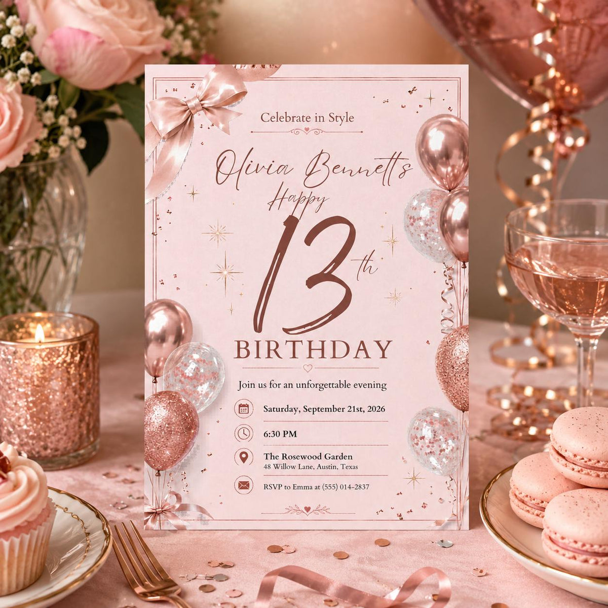 Editable 13th Birthday Invitation Canva Template, Pink Gold Luxury Floral Cute Modern Fun DIY Chic Party Invite, Printable Digital Download.