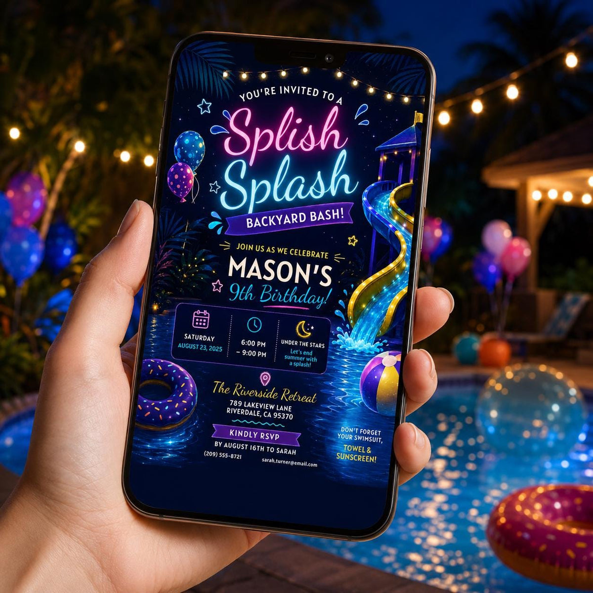 Editable Pool Birthday Invitation Canva Template, Blue Summer Cute Modern Fun Themed DIY Chic Kids Party Invite, Printable Digital Download.