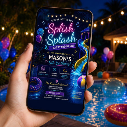 Editable Pool Birthday Invitation Canva Template, Blue Summer Cute Modern Fun Themed DIY Chic Kids Party Invite, Printable Digital Download.