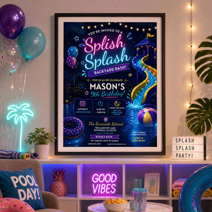Editable Pool Birthday Invitation Canva Template, Blue Summer Cute Modern Fun Themed DIY Chic Kids Party Invite, Printable Digital Download.