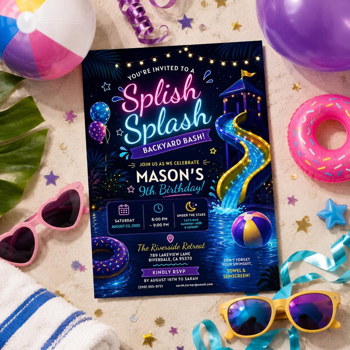 Editable Pool Birthday Invitation Canva Template, Blue Summer Cute Modern Fun Themed DIY Chic Kids Party Invite, Printable Digital Download.