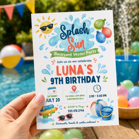 Editable Pool Birthday Invitation Canva Template, Boys Summer Cute Modern Fun Themed DIY Chic Kids Party Invite, Printable Digital Download.