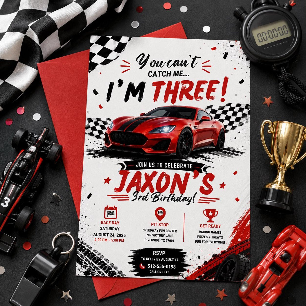 Editable Race Car Birthday Invitation Canva Template, Red Boys Kids Racing Cute Fun DIY Sweet Chic Party Invite, Printable Digital Download.