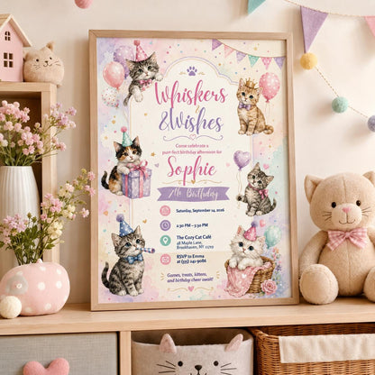Editable Cute Cat Birthday Invitation Canva Template, Girls Kids Kitty Cute Modern Fun Instant DIY Party Invite, Printable Digital Download.