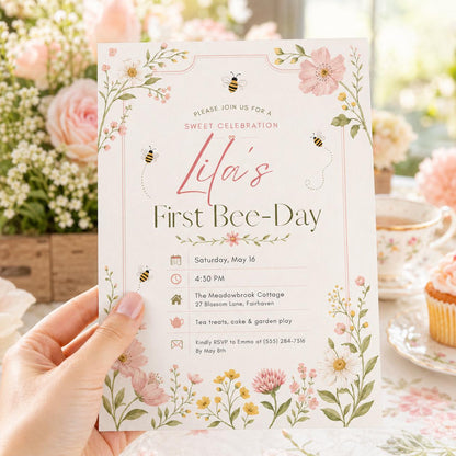 Editable Floral Birthday Invitation Canva Template, Girls Kids Floral Cute Fun DIY Sweet Chic Teen Party Invite, Printable Digital Download.