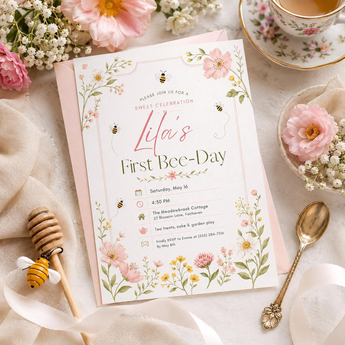 Editable Floral Birthday Invitation Canva Template, Girls Kids Floral Cute Fun DIY Sweet Chic Teen Party Invite, Printable Digital Download.