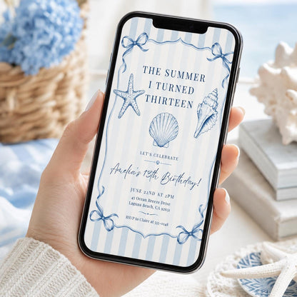 Editable Coastal Birthday Invitation Canva Template, Blue Girls Teens Beach Cute Fun DIY Chic Kids Party Invite, Printable Digital Download.