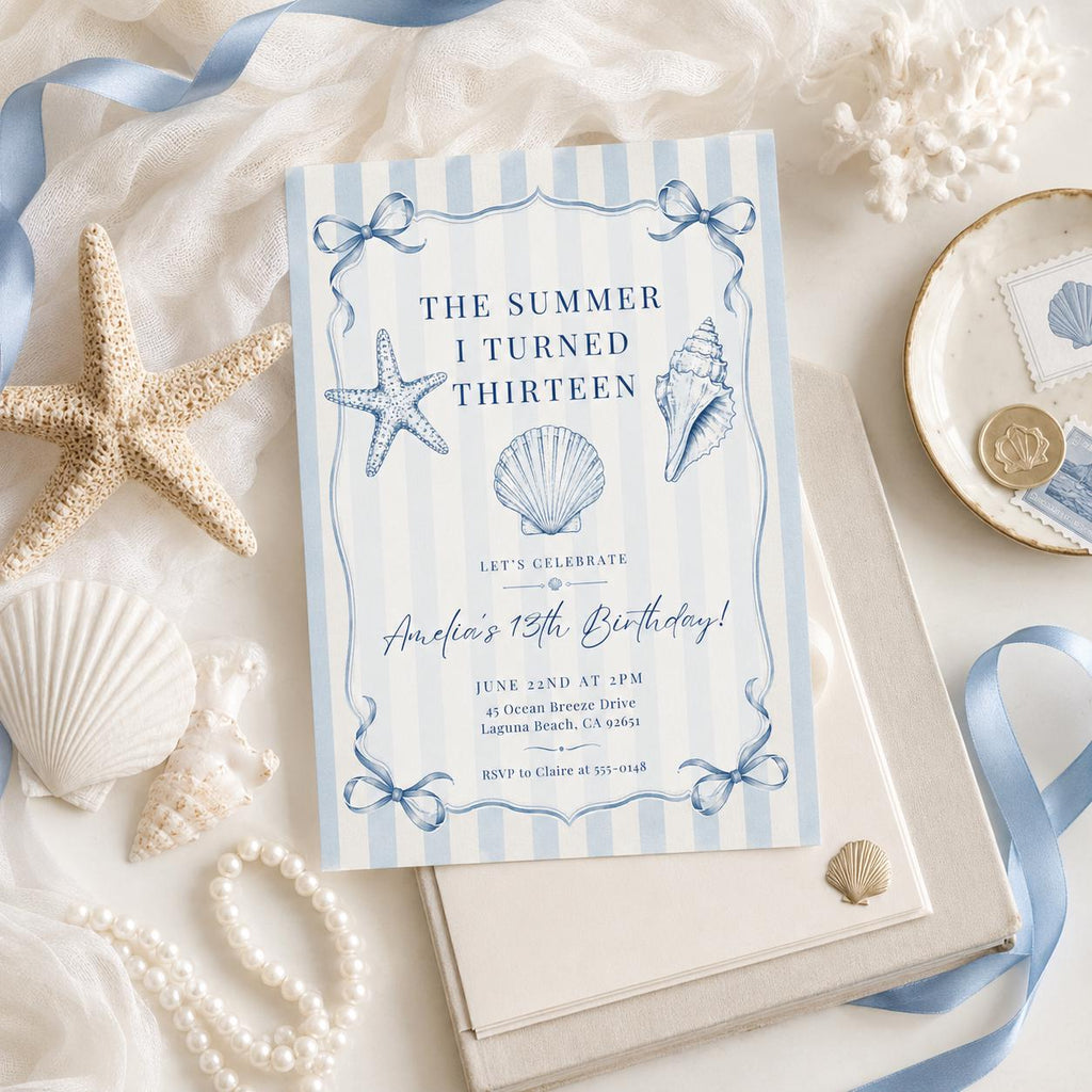Editable Coastal Birthday Invitation Canva Template, Blue Girls Teens Beach Cute Fun DIY Chic Kids Party Invite, Printable Digital Download.