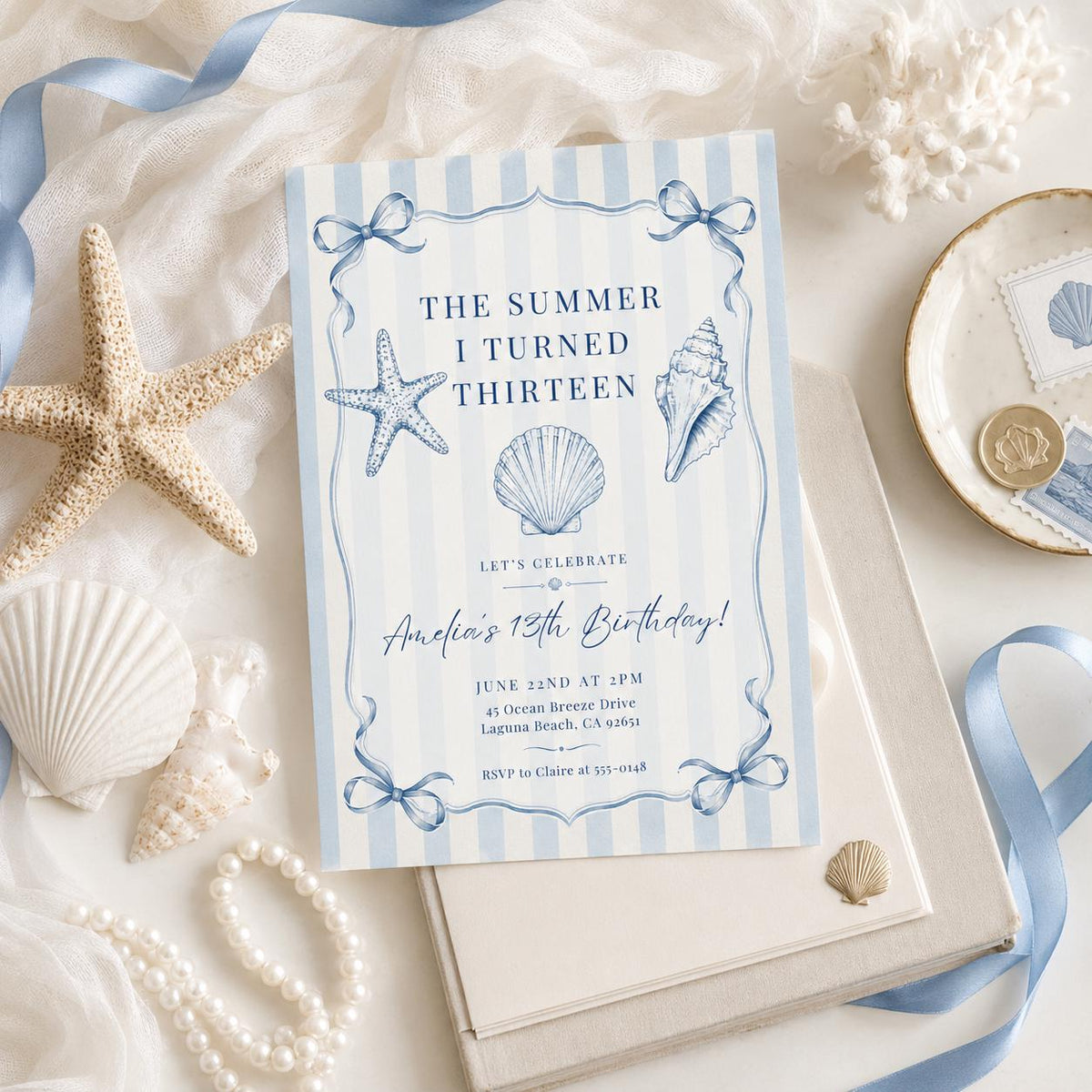 Editable Coastal Birthday Invitation Canva Template, Blue Girls Teens Beach Cute Fun DIY Chic Kids Party Invite, Printable Digital Download.