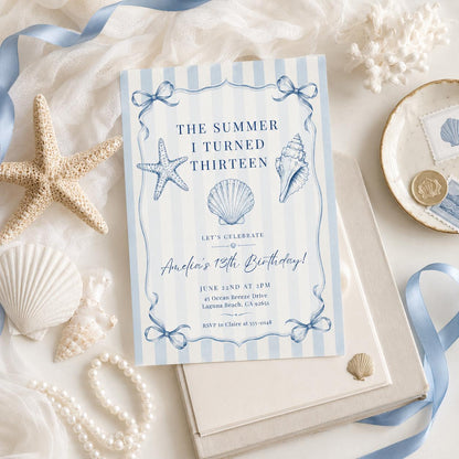Editable Coastal Birthday Invitation Canva Template, Blue Girls Teens Beach Cute Fun DIY Chic Kids Party Invite, Printable Digital Download.