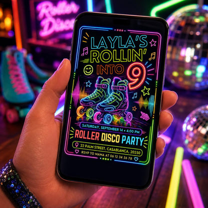Editable Neon Glow Birthday Invitation Canva Template, Kids Teens Neon Cute Modern Fun Instant DIY Party Invite, Printable Digital Download.