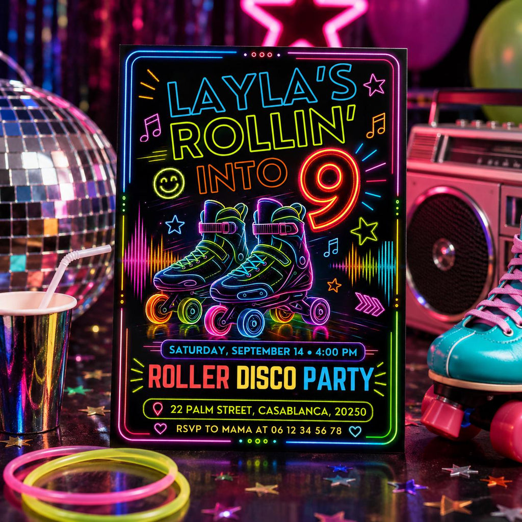 Editable Neon Glow Birthday Invitation Canva Template, Kids Teens Neon Cute Modern Fun Instant DIY Party Invite, Printable Digital Download.