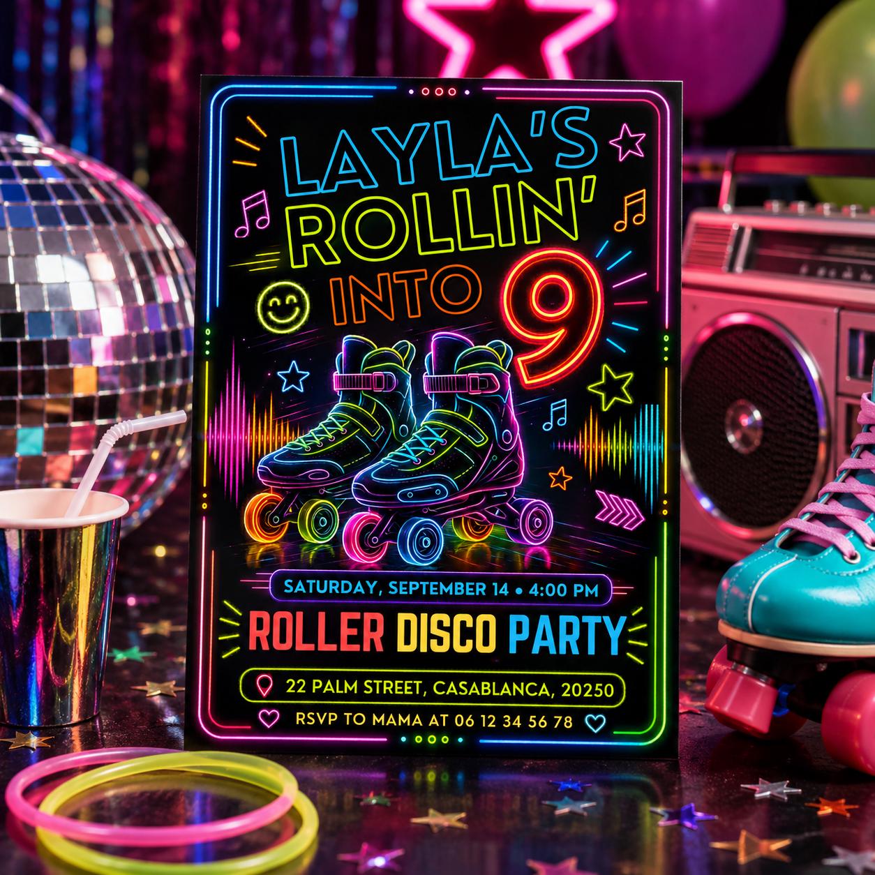 Editable Neon Glow Birthday Invitation Canva Template, Kids Teens Neon Cute Modern Fun Instant DIY Party Invite, Printable Digital Download.