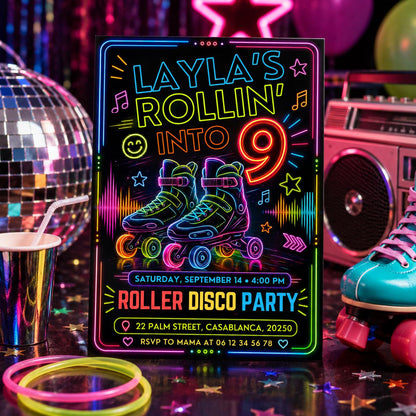 Editable Neon Glow Birthday Invitation Canva Template, Kids Teens Neon Cute Modern Fun Instant DIY Party Invite, Printable Digital Download.
