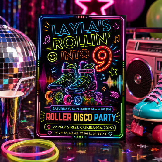 Editable Neon Glow Birthday Invitation Canva Template, Kids Teens Neon Cute Modern Fun Instant DIY Party Invite, Printable Digital Download.