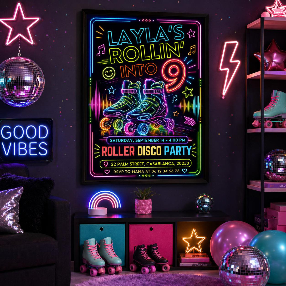 Editable Neon Glow Birthday Invitation Canva Template, Kids Teens Neon Cute Modern Fun Instant DIY Party Invite, Printable Digital Download.