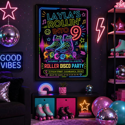 Editable Neon Glow Birthday Invitation Canva Template, Kids Teens Neon Cute Modern Fun Instant DIY Party Invite, Printable Digital Download.