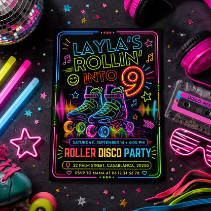 Editable Neon Glow Birthday Invitation Canva Template, Kids Teens Neon Cute Modern Fun Instant DIY Party Invite, Printable Digital Download.