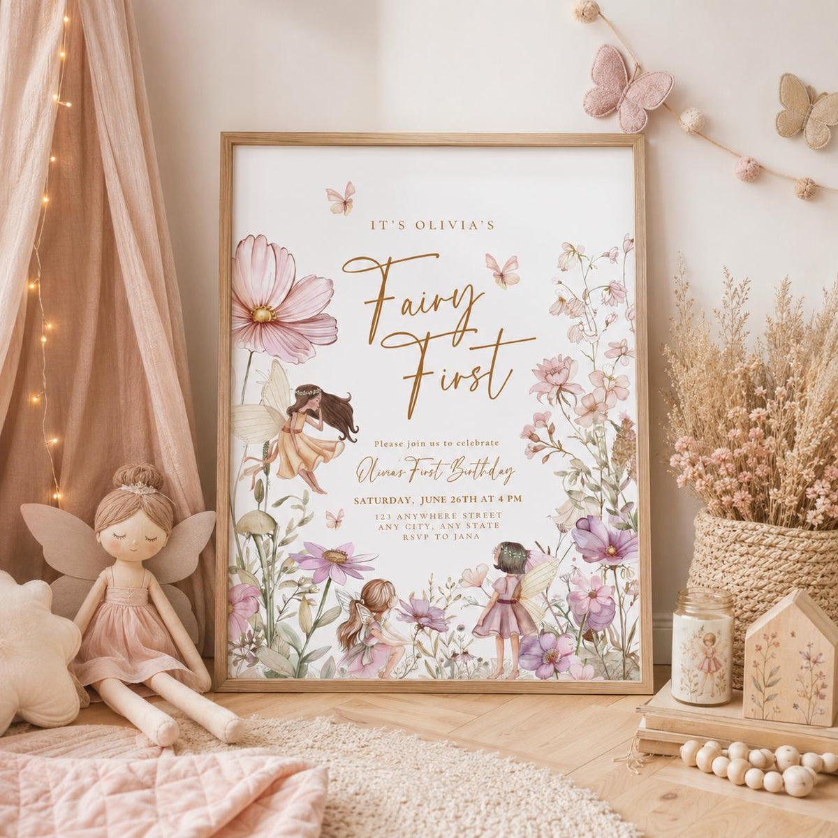 Editable Fairy Garden Birthday Invitation Canva Template, Boho Girls Kids Fairy Cute Fun DIY Sweet Party Invite, Printable Digital Download.