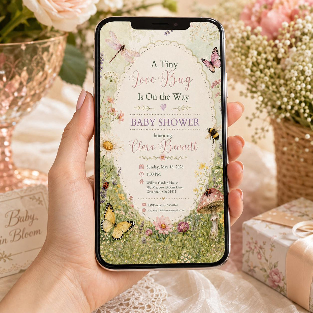 Editable Floral Baby Shower Invitation Canva Template, Preppy Girls Kids Floral Cute Fun DIY Sweet Party Invite, Printable Digital Download.