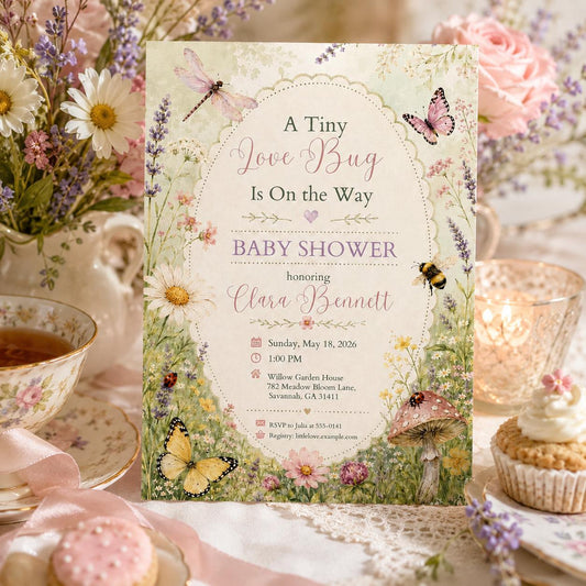 Editable Floral Baby Shower Invitation Canva Template, Preppy Girls Kids Floral Cute Fun DIY Sweet Party Invite, Printable Digital Download.