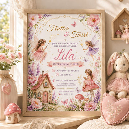 Editable Fairy Garden Birthday Invitation Canva Template, Girls Fairy Cute Fun DIY Sweet Chic Kids Party Invite, Printable Digital Download.