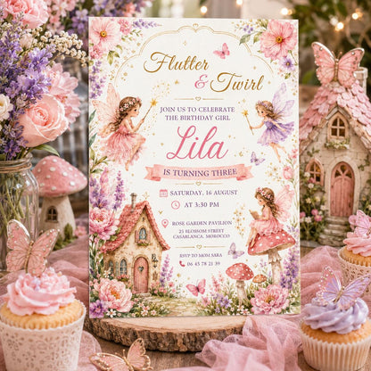 Editable Fairy Garden Birthday Invitation Canva Template, Girls Fairy Cute Fun DIY Sweet Chic Kids Party Invite, Printable Digital Download.