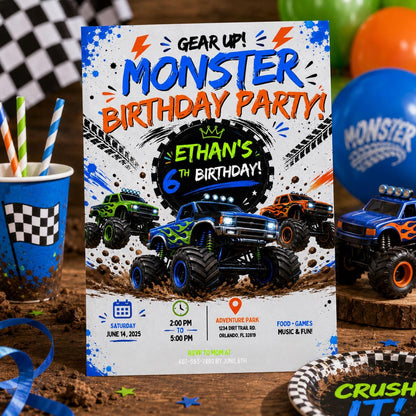 Editable Monster Birthday Invitation Canva Template, Boys Kids Cute Modern Fun DIY Sweet Chic Teen Party Invite, Printable Digital Download.