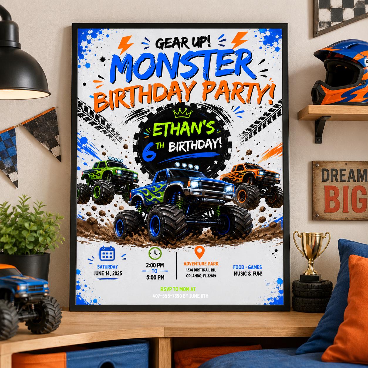 Editable Monster Birthday Invitation Canva Template, Boys Kids Cute Modern Fun DIY Sweet Chic Teen Party Invite, Printable Digital Download.