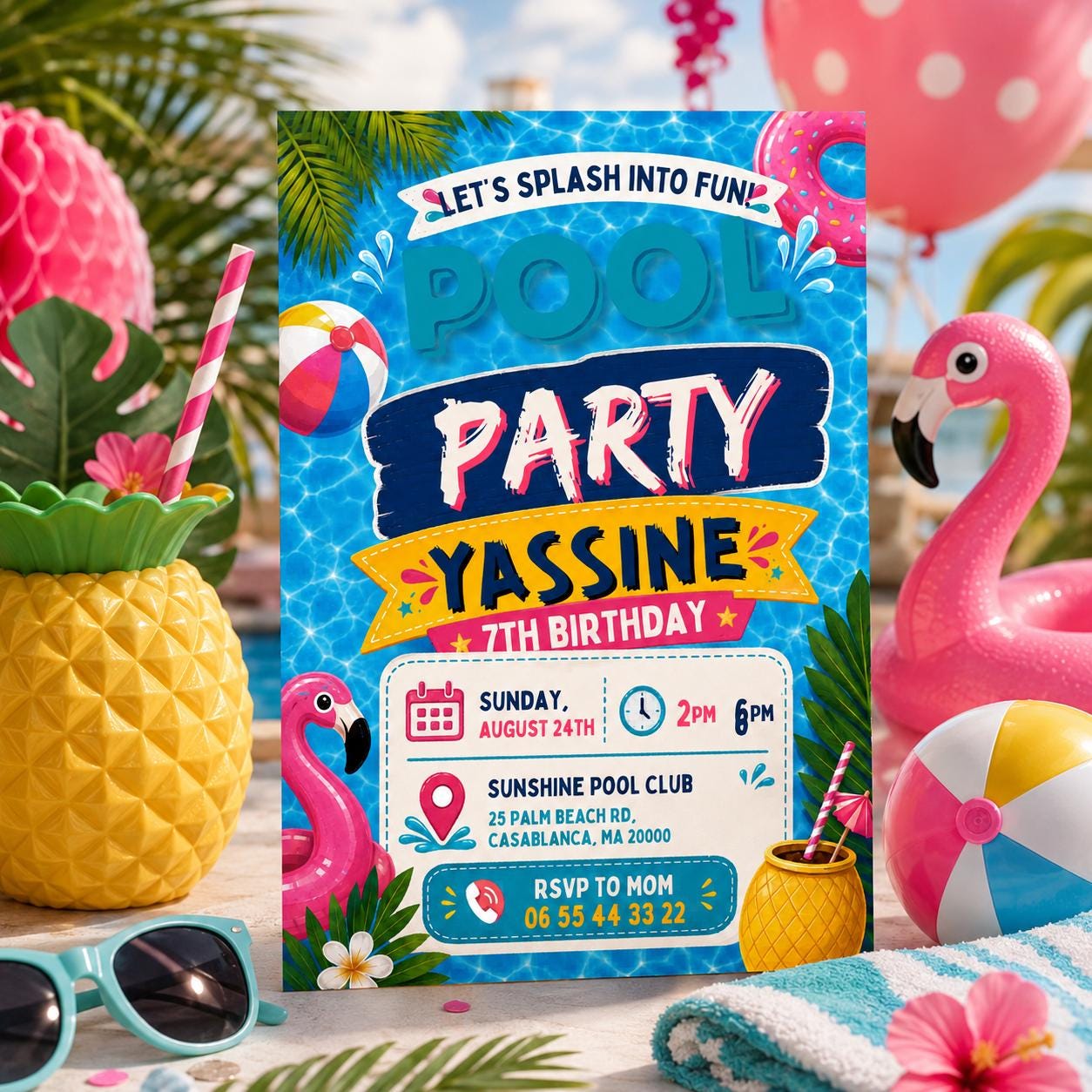 Editable Pool Birthday Invitation Canva Template, Blue Green Neon Boys Kids Pool Cute Fun DIY Chic Party Invite, Printable Digital Download.