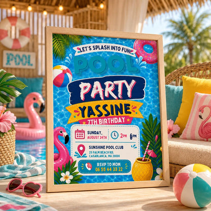 Editable Pool Birthday Invitation Canva Template, Blue Green Neon Boys Kids Pool Cute Fun DIY Chic Party Invite, Printable Digital Download.
