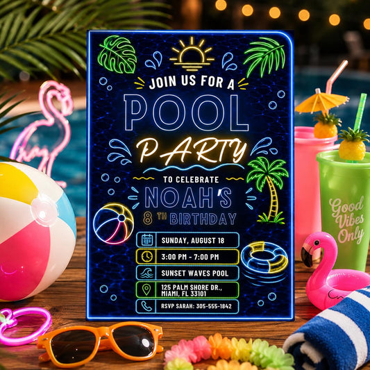 Editable Pool Birthday Invitation Canva Template, Pink Girls Teens Bow Cute Fun DIY Chic Kids Teen Party Invite, Printable Digital Download.