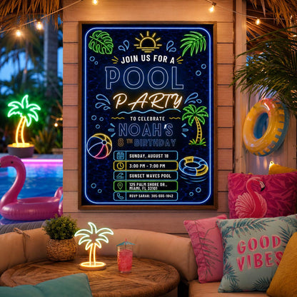 Editable Pool Birthday Invitation Canva Template, Pink Girls Teens Bow Cute Fun DIY Chic Kids Teen Party Invite, Printable Digital Download.