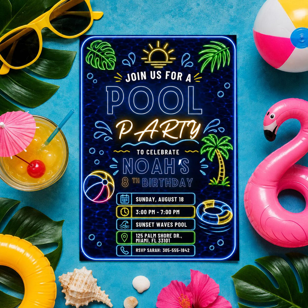 Editable Pool Birthday Invitation Canva Template, Pink Girls Teens Bow Cute Fun DIY Chic Kids Teen Party Invite, Printable Digital Download.