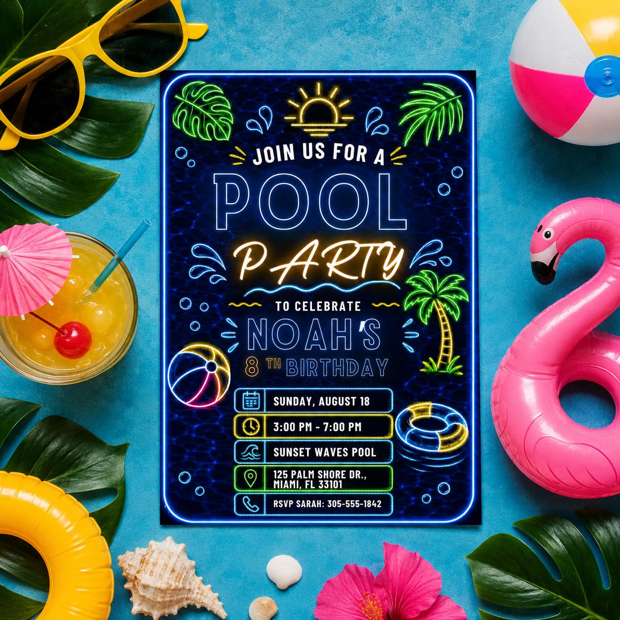 Editable Pool Birthday Invitation Canva Template, Pink Girls Teens Bow Cute Fun DIY Chic Kids Teen Party Invite, Printable Digital Download.
