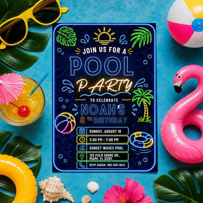 Editable Pool Birthday Invitation Canva Template, Pink Girls Teens Bow Cute Fun DIY Chic Kids Teen Party Invite, Printable Digital Download.