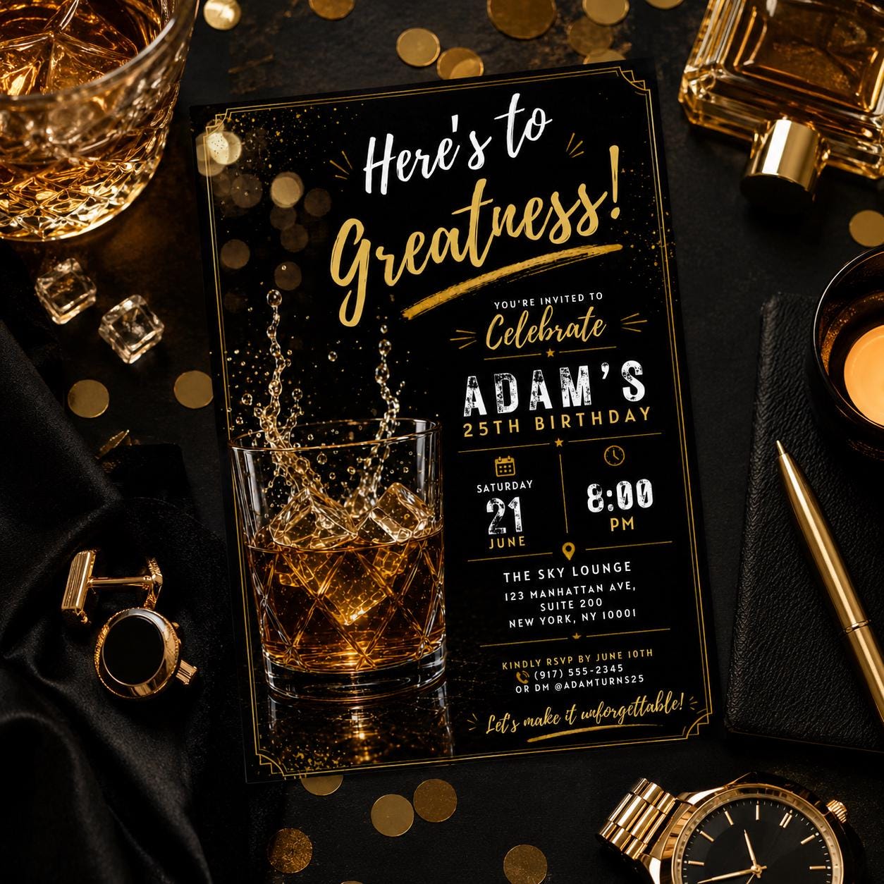 Editable Neon Glow Birthday Invitation Canva Template, Gold Black Boys Neon Cute Fun DIY Chic Kids Party Invite, Printable Digital Download.