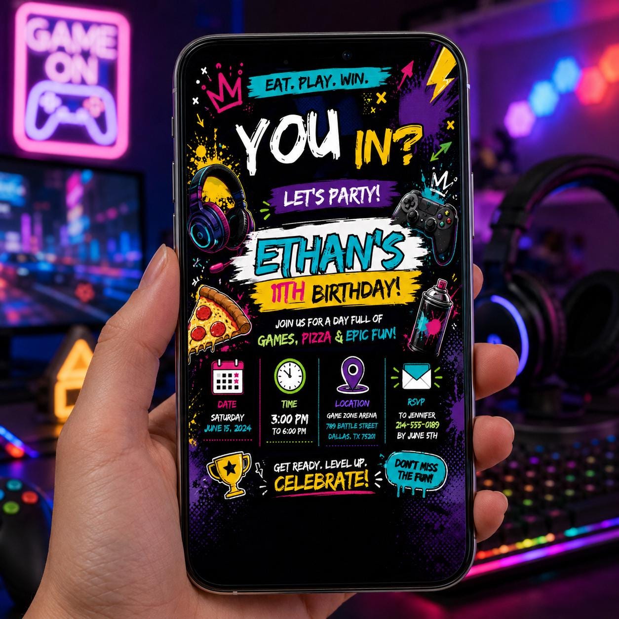 Editable Neon Glow Birthday Invitation Canva Template, Boys Kids Teens Neon Cute Fun DIY Chic Teen Party Invite, Printable Digital Download.