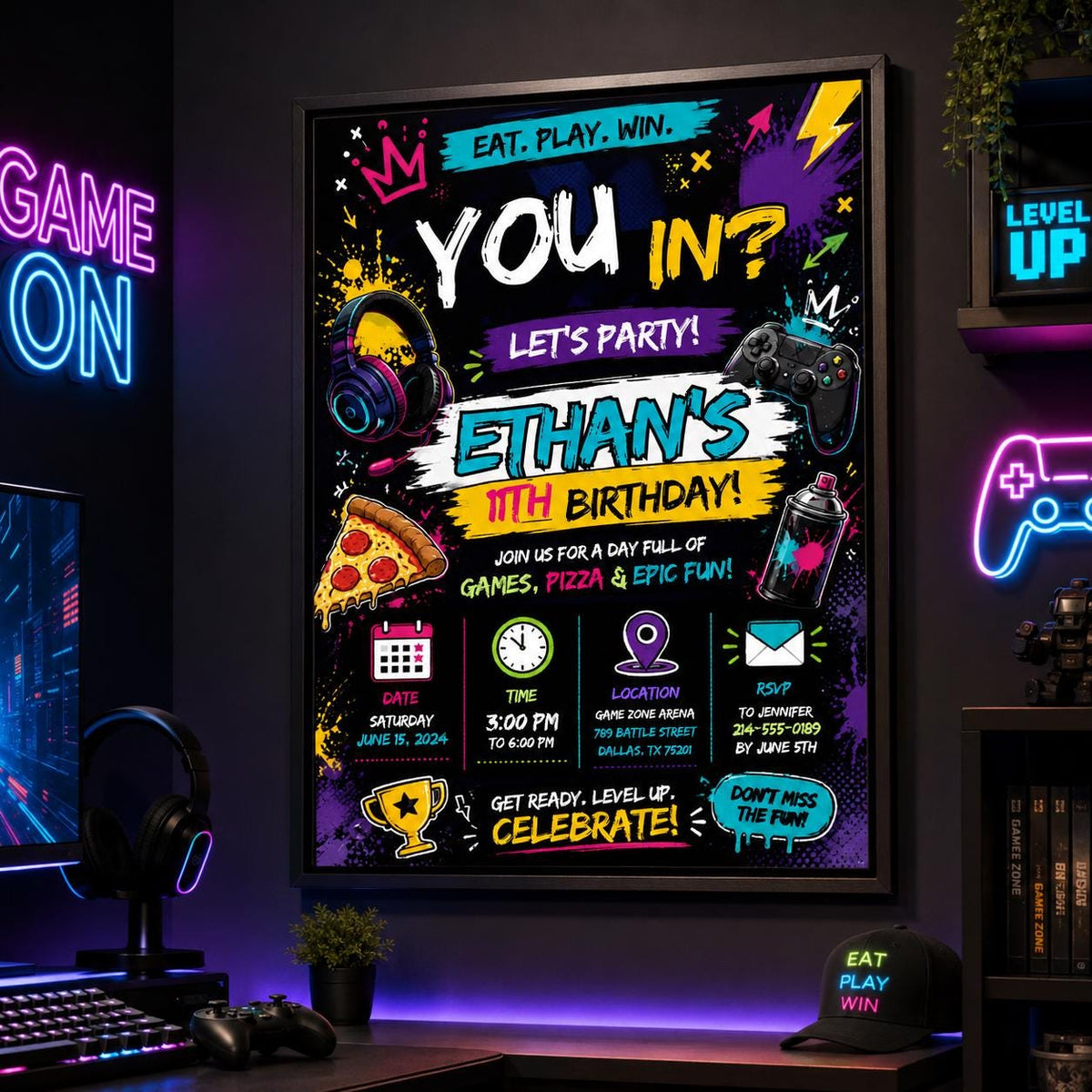 Editable Neon Glow Birthday Invitation Canva Template, Boys Kids Teens Neon Cute Fun DIY Chic Teen Party Invite, Printable Digital Download.