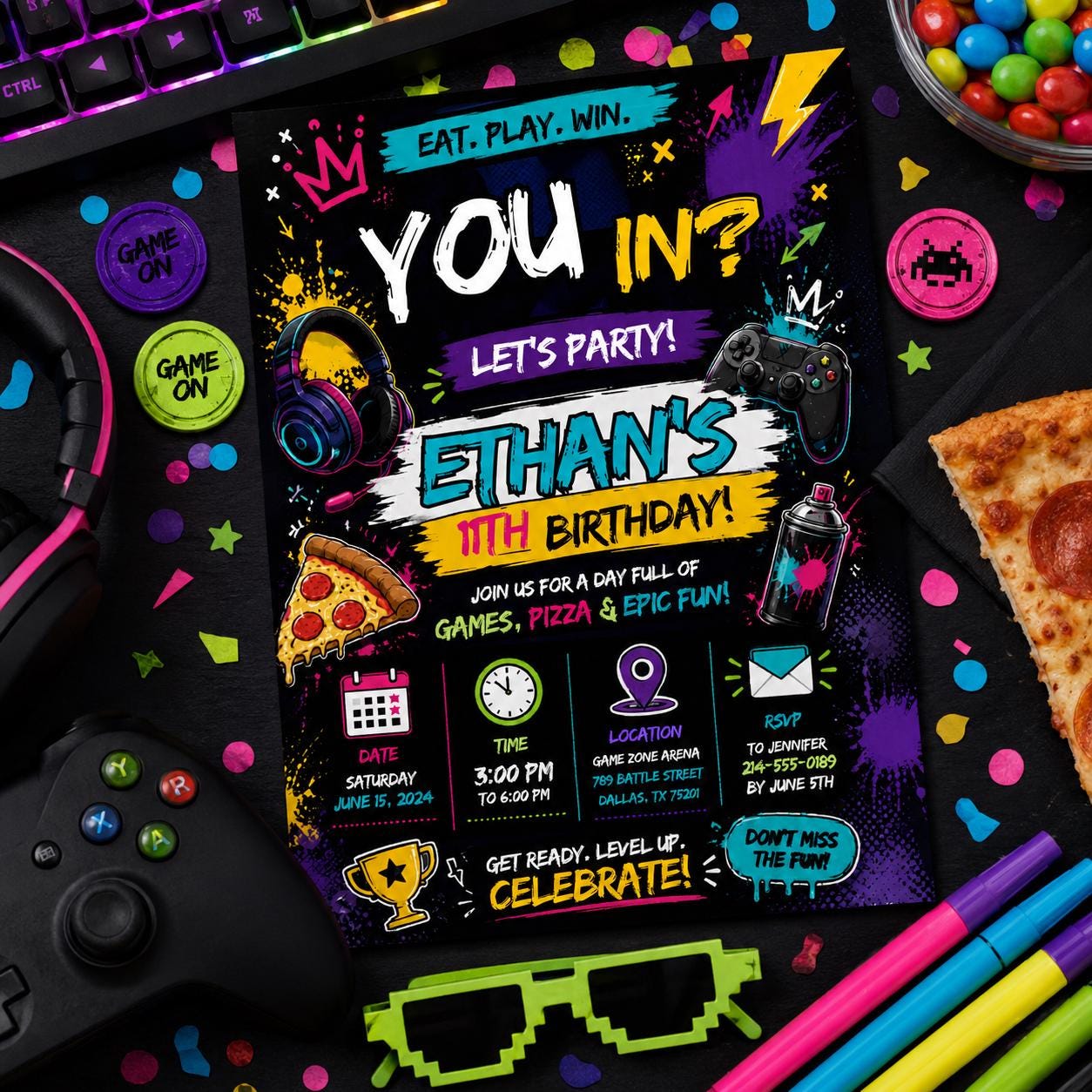 Editable Neon Glow Birthday Invitation Canva Template, Boys Kids Teens Neon Cute Fun DIY Chic Teen Party Invite, Printable Digital Download.