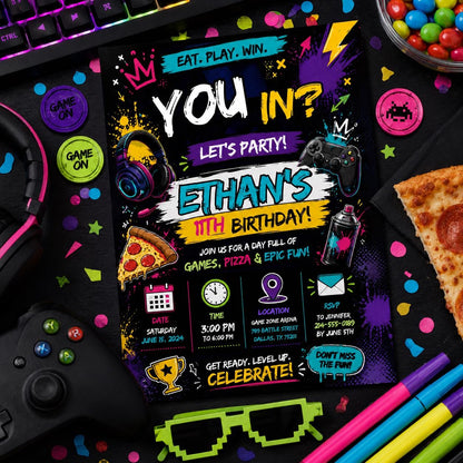 Editable Neon Glow Birthday Invitation Canva Template, Boys Kids Teens Neon Cute Fun DIY Chic Teen Party Invite, Printable Digital Download.