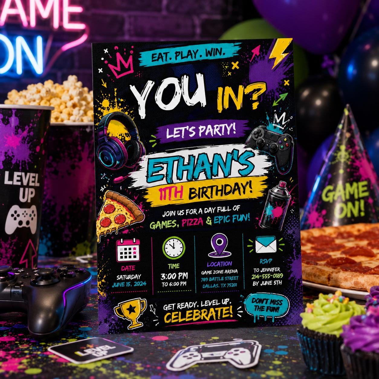 Editable Neon Glow Birthday Invitation Canva Template, Boys Kids Teens Neon Cute Fun DIY Chic Teen Party Invite, Printable Digital Download.